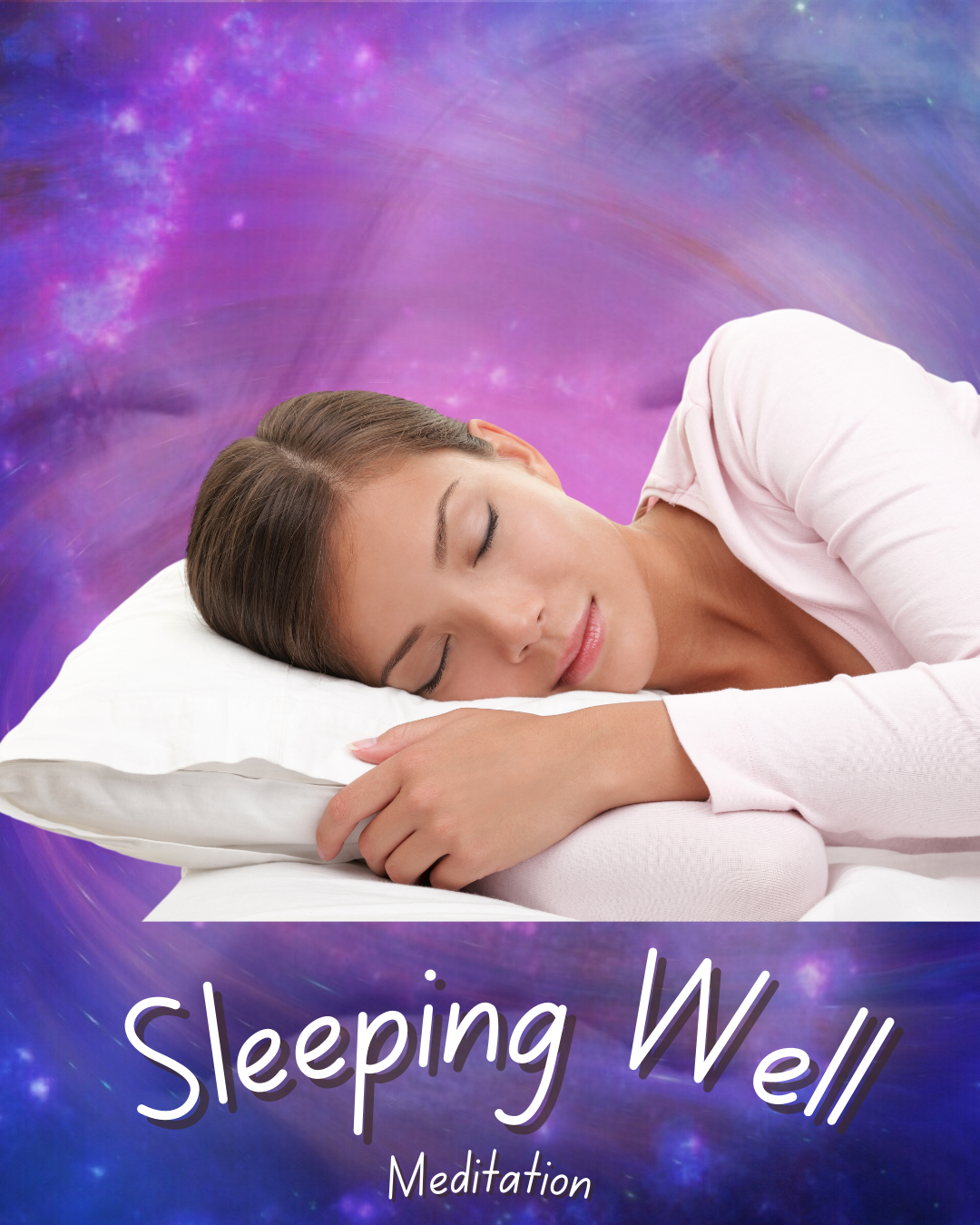 A woman sleeping deeply surrounded by purple starry light